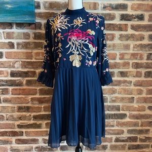 asos design embroidered pleated midi dress with fluted sleeve